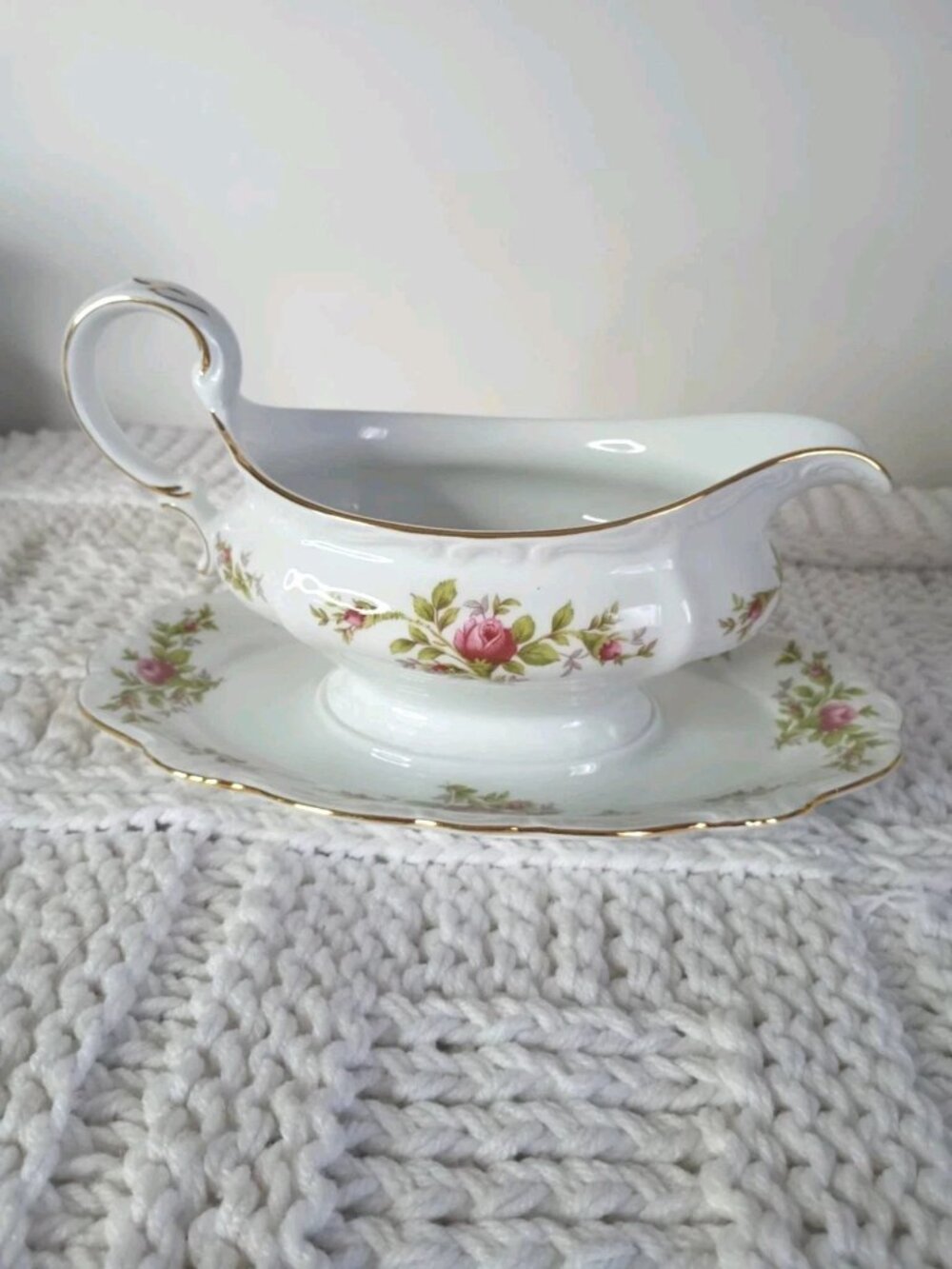 Vintage Johann Haviland Bavaria Moss Rose Gravy Boat with Underplate 9-3/4"